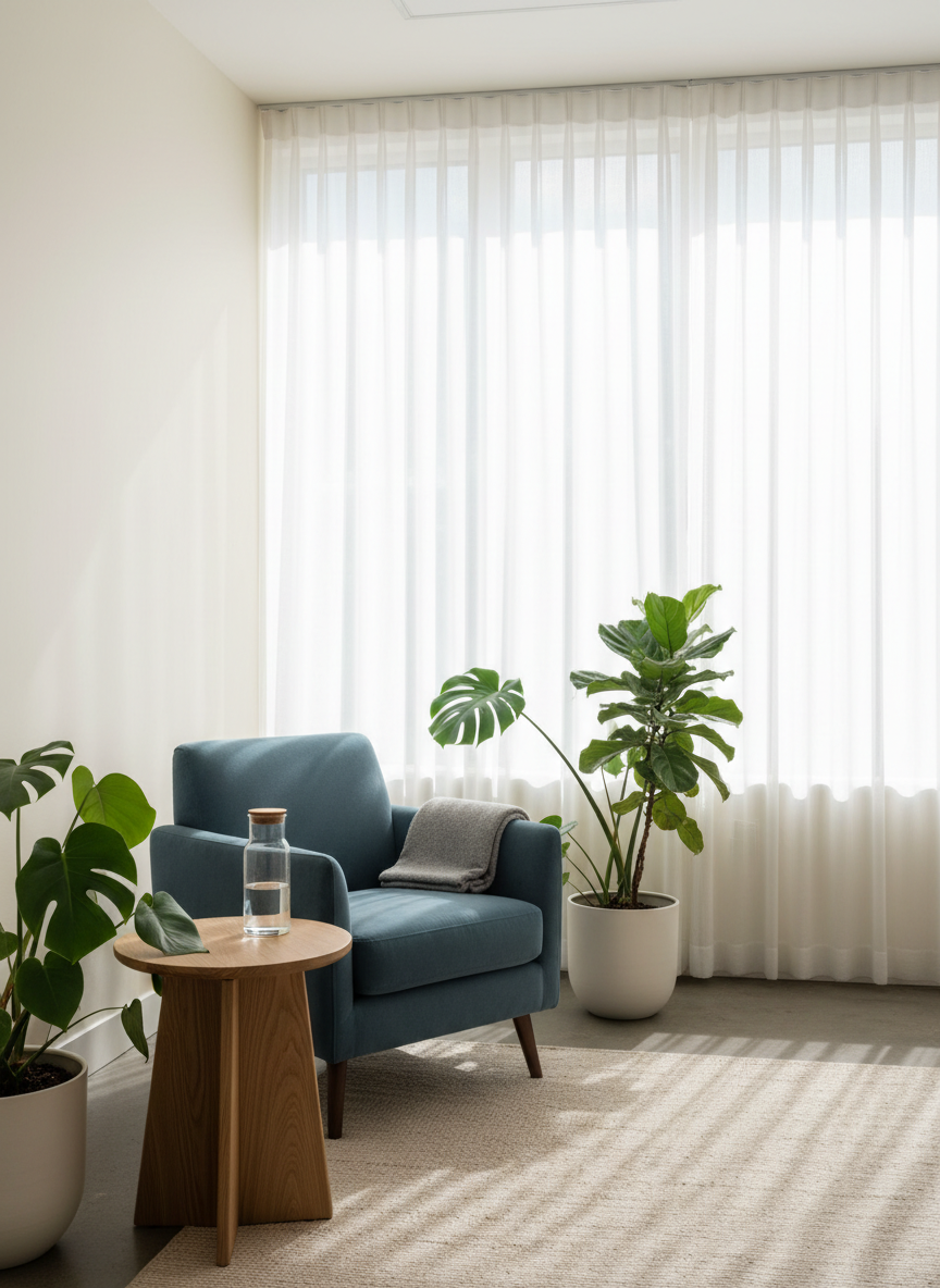 A calm, light-filled psychotherapy office with a plush, slate-blue armchair angled slightly toward a low, natural oak side table holding a simple glass carafe of water and a neatly folded, soft-gray blanket. Large, leafy plants in matte white planters soften the corners of the room. Natural daylight filters through sheer white curtains, creating diffused, even lighting and gentle shadows along the pale, warm walls. Shot at eye level in photographic realism, with sharp focus throughout, the composition follows the rule of thirds to emphasize open space and safety. The mood is professional, grounded, and inviting, suggesting a confidential, supportive environment without depicting any people or text.