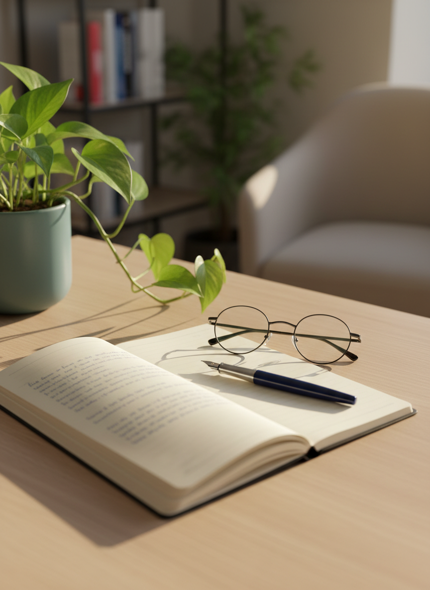 A close-up, photographic realistic scene of a neatly organized therapist’s desk made of light ash wood, featuring an open, cream-colored notebook, a smooth navy fountain pen, and a pair of subtle, modern reading glasses resting beside them. A small, rounded ceramic planter with a thriving green plant adds life to the corner of the desk. Soft afternoon light from an unseen window washes across the surface, creating delicate highlights on the pen and glasses frames, while the background gently blurs to imply a quiet, private office beyond. The composition uses a shallow depth of field and a diagonal layout, conveying focused attention, thoughtful planning, and clinical credibility in a warm, uncluttered atmosphere.