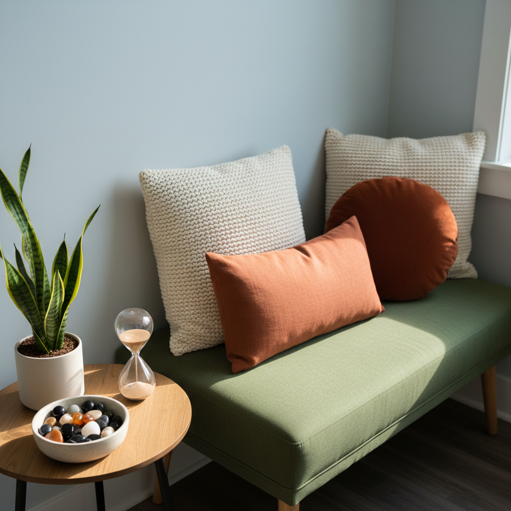 A dedicated corner for emotional regulation within a psychotherapy setting, showing a low, cushioned bench in soft moss-green fabric, topped with neatly arranged, textured pillows in complementary earth tones. Beside it, a small side table holds a subtle sand timer, a bowl of tactile fidget stones, and a compact, leafy plant. The space is backed by a pale, calming blue-gray wall with no text or images, emphasizing simplicity. Gentle morning light streams from a nearby window outside the frame, creating soft, calming highlights on the fabrics and objects. Captured in photographic realism from a slightly elevated angle with moderate depth of field, the composition communicates structured support, practical coping tools, and a safe, welcoming environment without depicting any people.