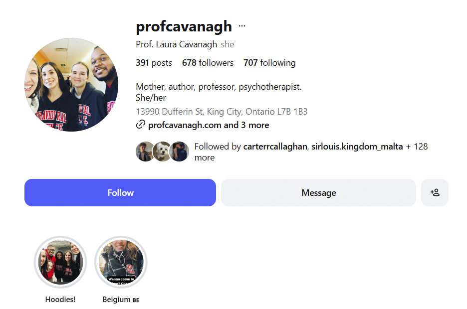 Instagram profile for Prof Laura Cavanagh